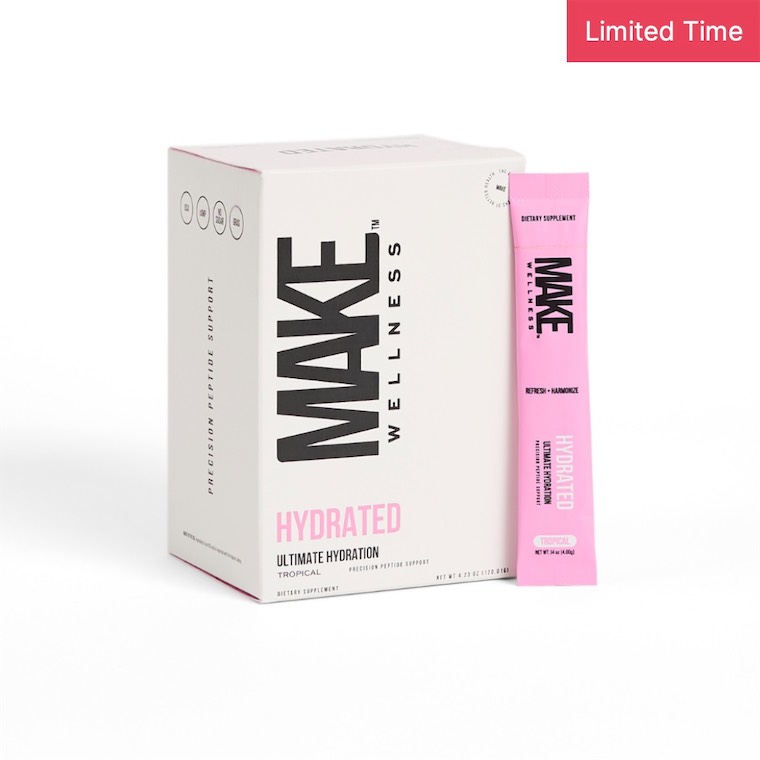 MAKE Wellness Hydrated Tropical limited-time drink mix box and stick pack