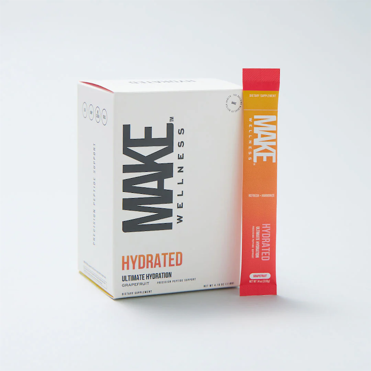 MAKE Wellness Hydrated drink mix box and stick pack